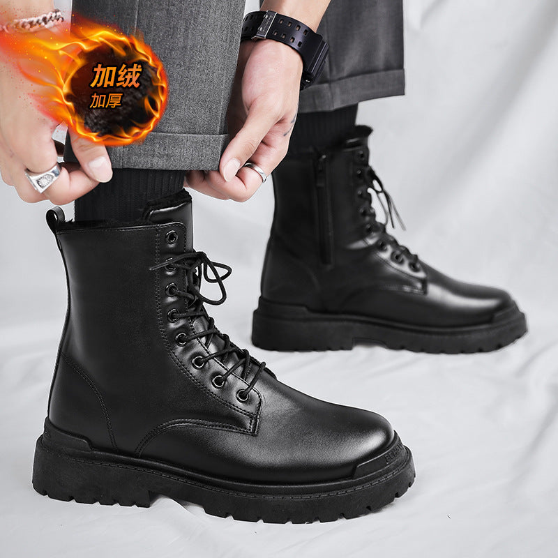 Autumboots black high-top trendy shoes british style motorcycle workwear leather boots winter height-increasing high-top leather shoes cotton shoes