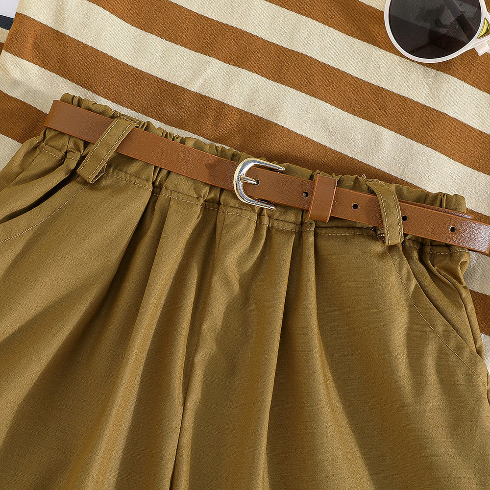 summer new arrivals: girls' striped trim tank top and casual shorts two-piece set - the perfect outfit for shopping!