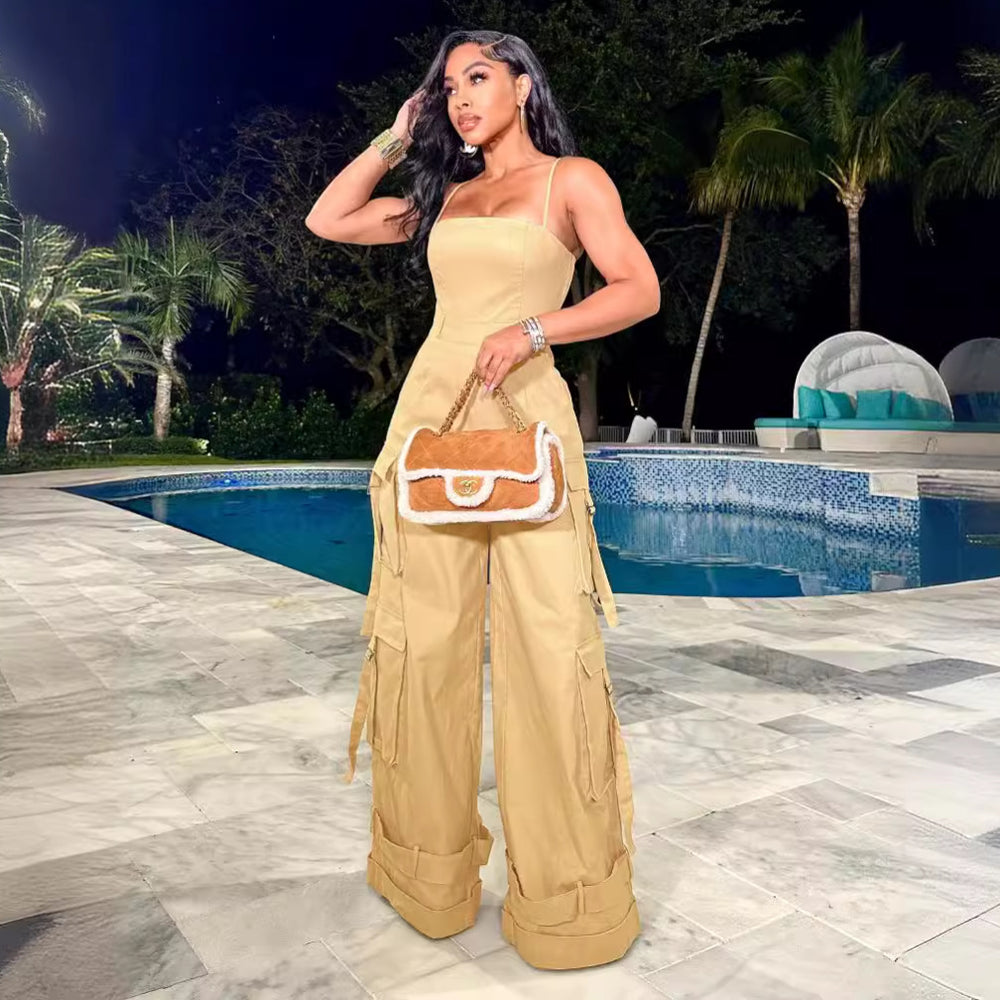 european and american new arrival cross-border women's sexy bandeau multi-pocket cargo jumpsuit wide leg romper