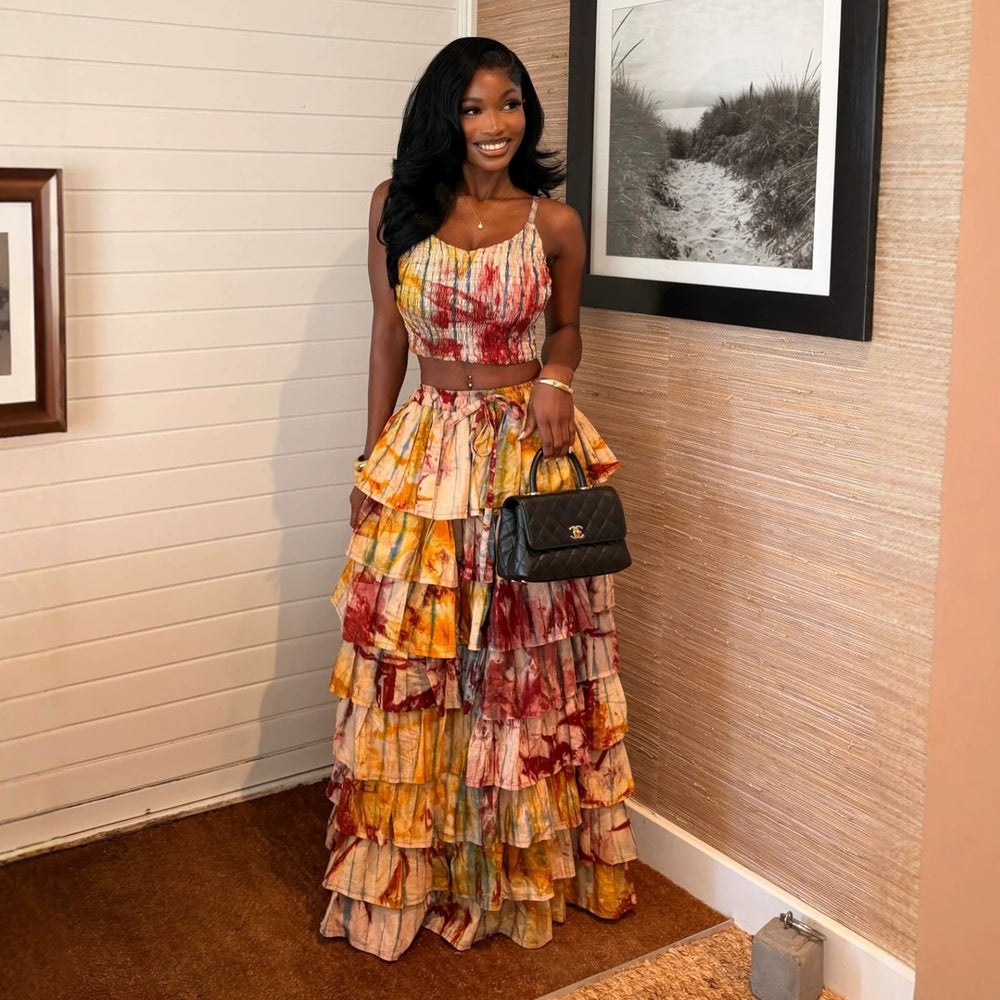 European and american cross-border women's fashion:  summer new collection - sleeveless printed cami top and ruffle hem skirt set