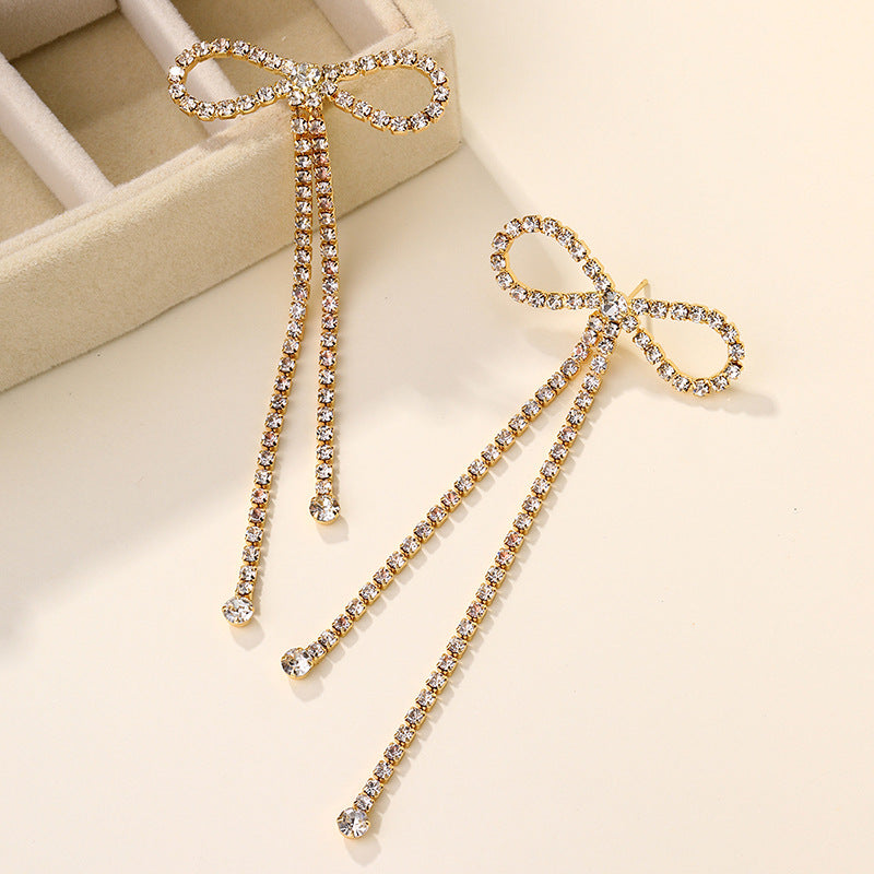 Wholesale new arrival cross-border bowknot rhinestone jewelry exaggerated fashion tassel light luxury earrings alloy stud earrings for women