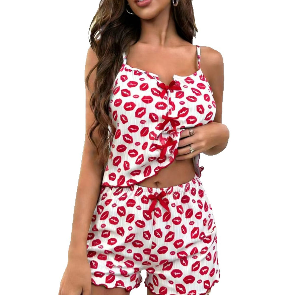new cross-border home wear: printed color-blocked mesh pajama set with slit front and spaghetti straps