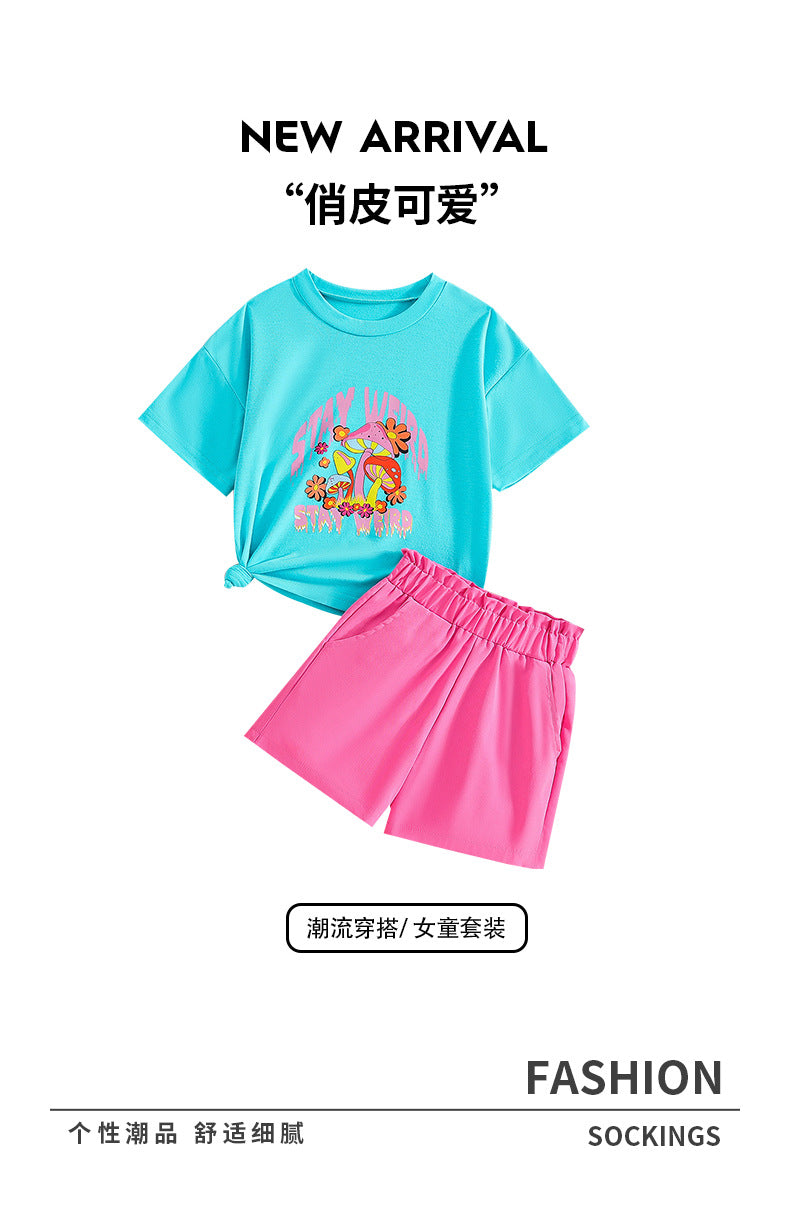 kids two-piece set lake blue mushroom printing round neck t-shirt pink shorts girl summercasualsuit