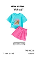kids two-piece set lake blue mushroom printing round neck t-shirt pink shorts girl summercasualsuit