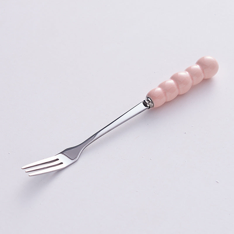 Luxury pearl fruit picks ceramic storage jar creative fork spoon home stainless steel fruit fork set wholesale