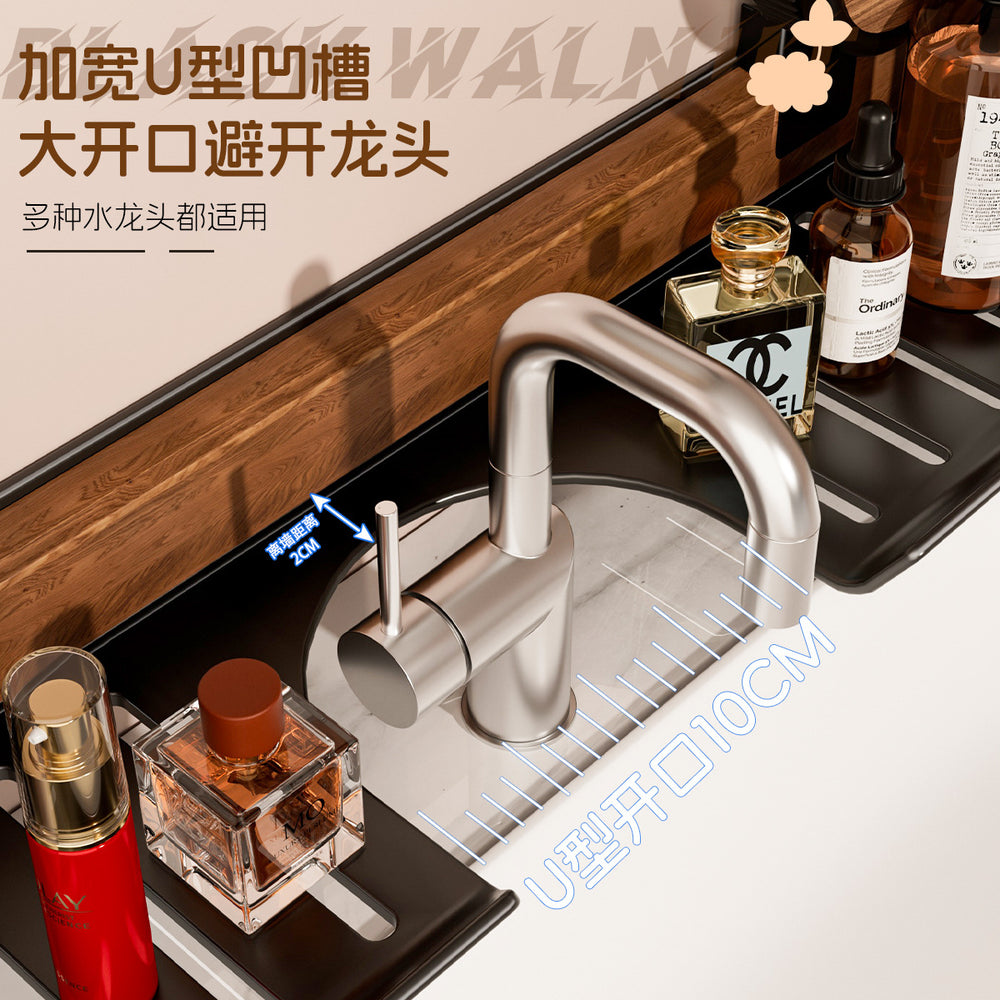 North american walnut suction cup bathroom organizer - no drilling required, vanity sink faucet & cosmetic storage rack