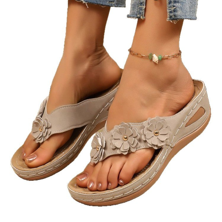 Plus size wedge heel floral flip-flops for women - 2026 summer new fashion open toe slip-on casual sandals