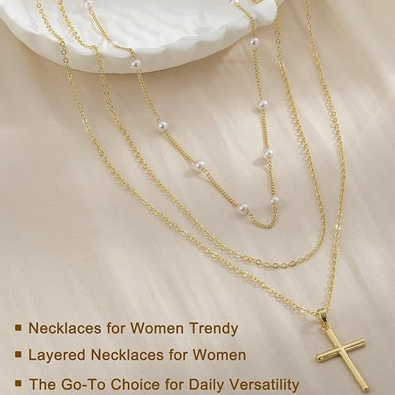 European and american cross-border new artificial pearl clavicle chain creative cross pendant necklace retro multi-layered necklace