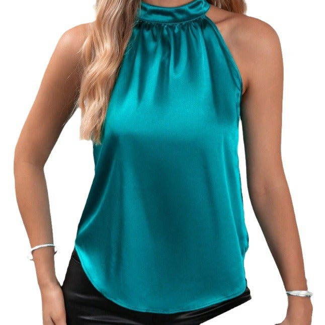 Amazon  european and american cross-border e-commerce summer new satin tank top women's solid color off-shoulder halter sleeveless top