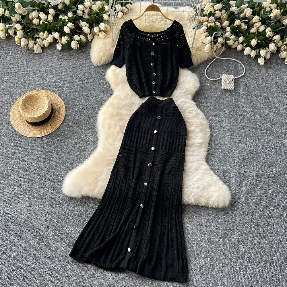 Niche styleretrocut out hook flower off-shoulder suspender knitting shirttopstwo-piece set women's easiest for match medium long skirt