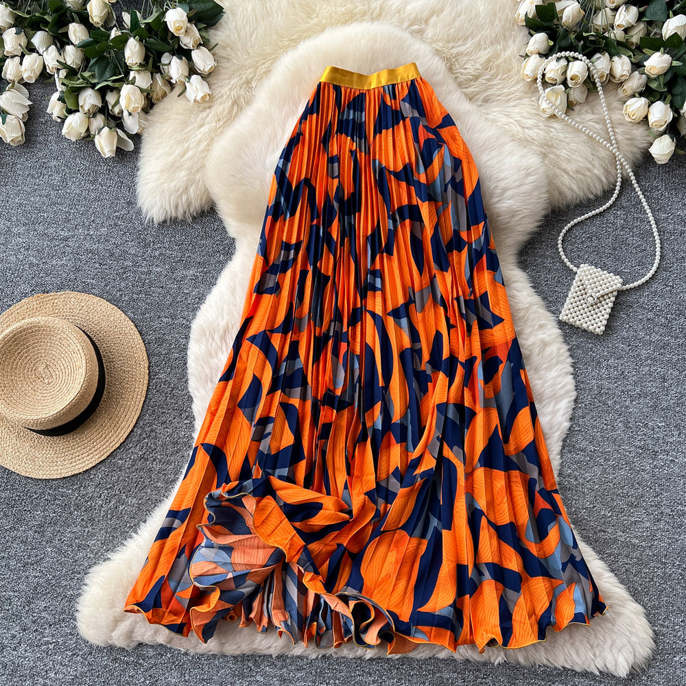 Export cross-border printing high waist a-line pleated skirt women's summerpleated skirt mid-length skirt work clothing holiday style
