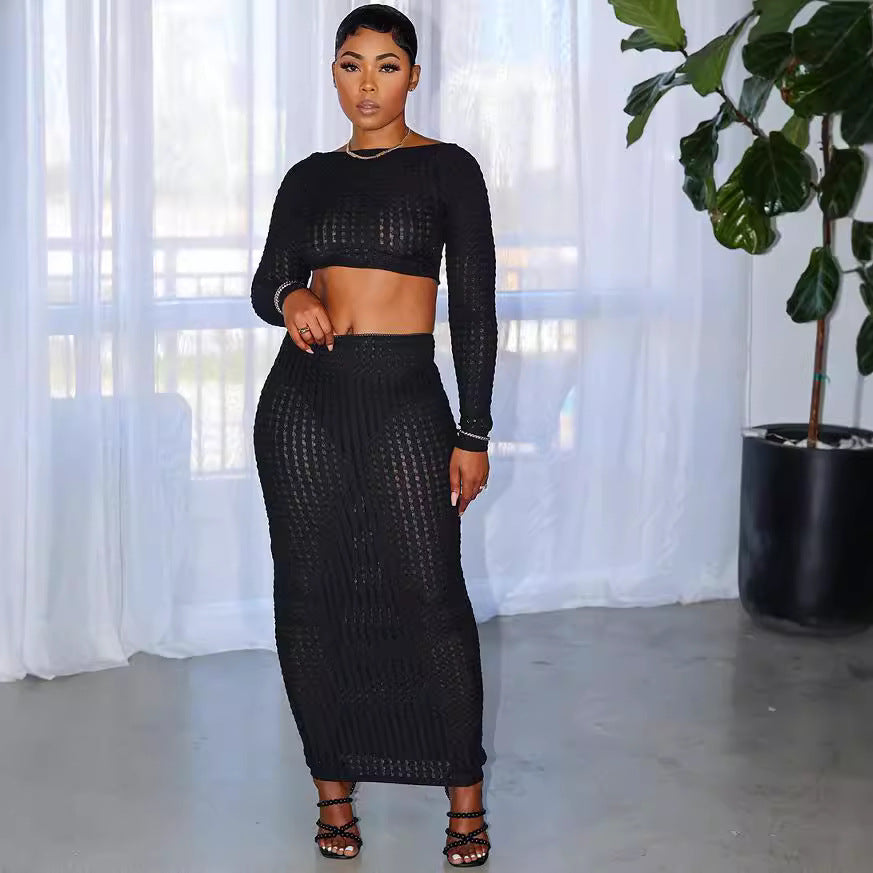 European and american casual skirt set -  cross-border women's fashion: hollow-out mesh long sleeve top + sexy bodycon skirt