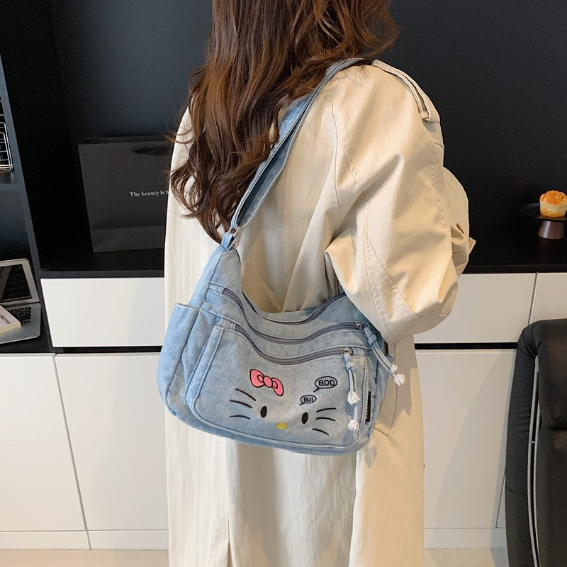 2025 new fashion versatile denim bag women's shoulder crossbody bag hello kitty casual travel canvas bag