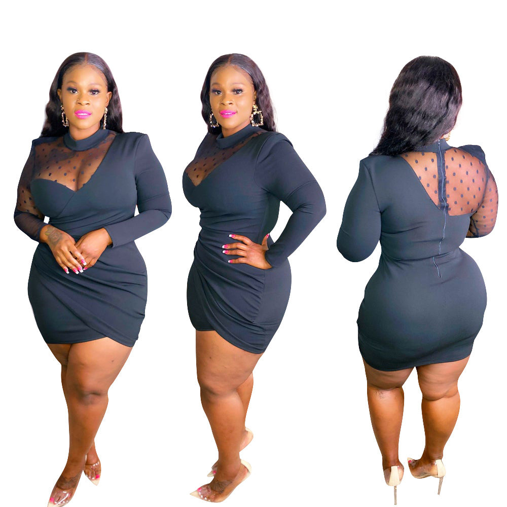 CY1629 Europe, America,   supply Sexy semi-turtleneck perspective large size irregular hip-wrapped dress women