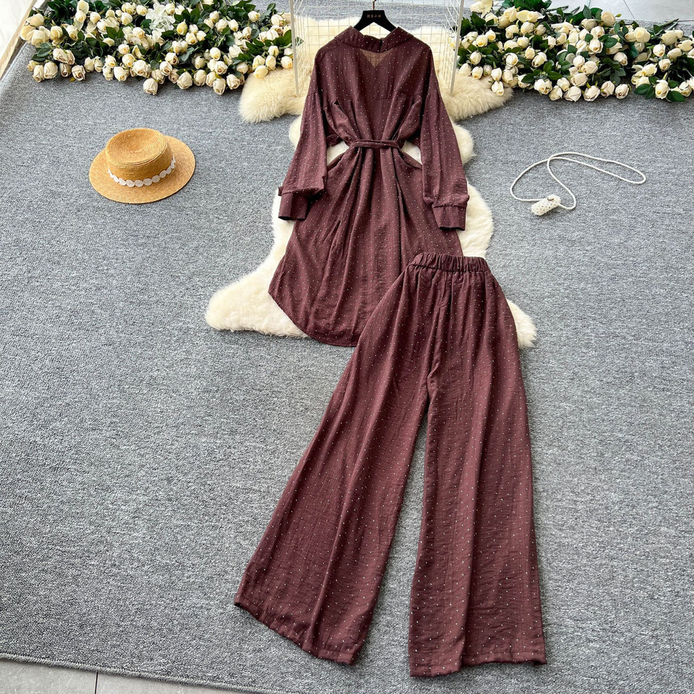 Fashionsuitfemalek-stylecasual lazy style strap waist mid-length hot diamond shirt high waist wide leg straight-leg pants