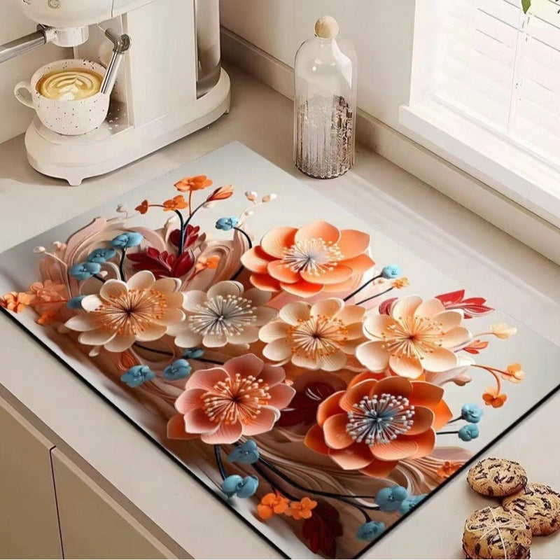 3d floral kitchen draining mat, absorbent mat, household diatomite non-slip mat, dish drying mat, heat-resistant oven mitt placemat