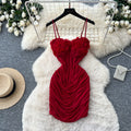 Sexy red suspender pleated dress for women summerk-style sleeveless pleated waist bag hip skirt hot girl style