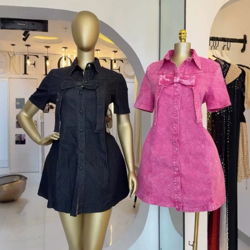 e-commerce  fashion bowknot elegant dress, loose sweet a-line mini denim skirt