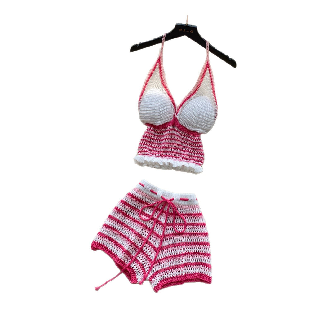 Sexyv neckknitting vest women's summer hot girl style tie backshortstwo-piece set holiday styleelegantsuit