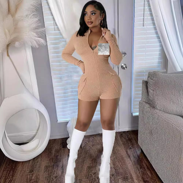 M3127G European and American   autumn and winter explosion threaded sexy pocket tight hip shorts jumpsuit