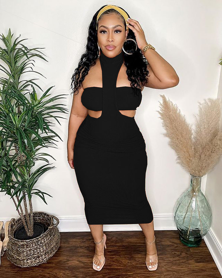 European and american cross-border women's fashion  summer sexy backless solid color halter neck tube top ribbed maxi dress two-piece set