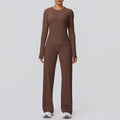 Cloud-feel outdoor casual yoga outfit: long-sleeve t-shirt top & high-waisted wide-leg active wear set for running and fitness