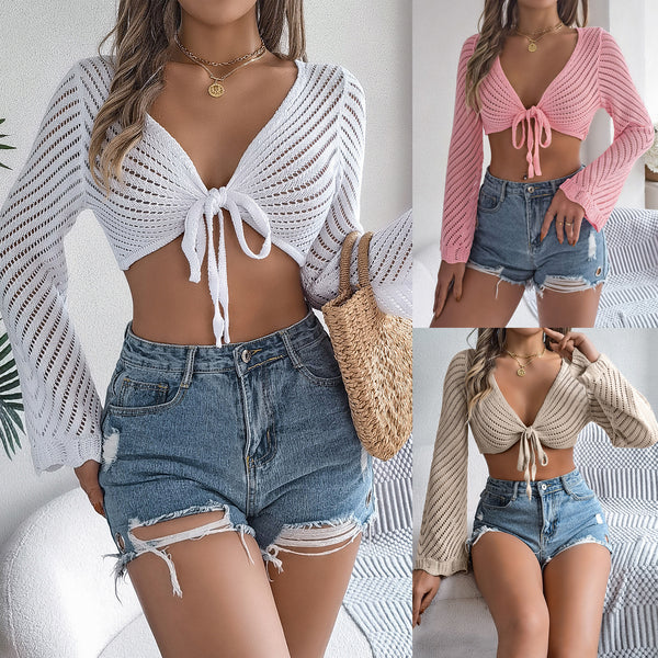 Real shot summer hollow striped lace-up long-sleeved open-button knitted cardigan sunscreen shirt, independent station  women's clothing