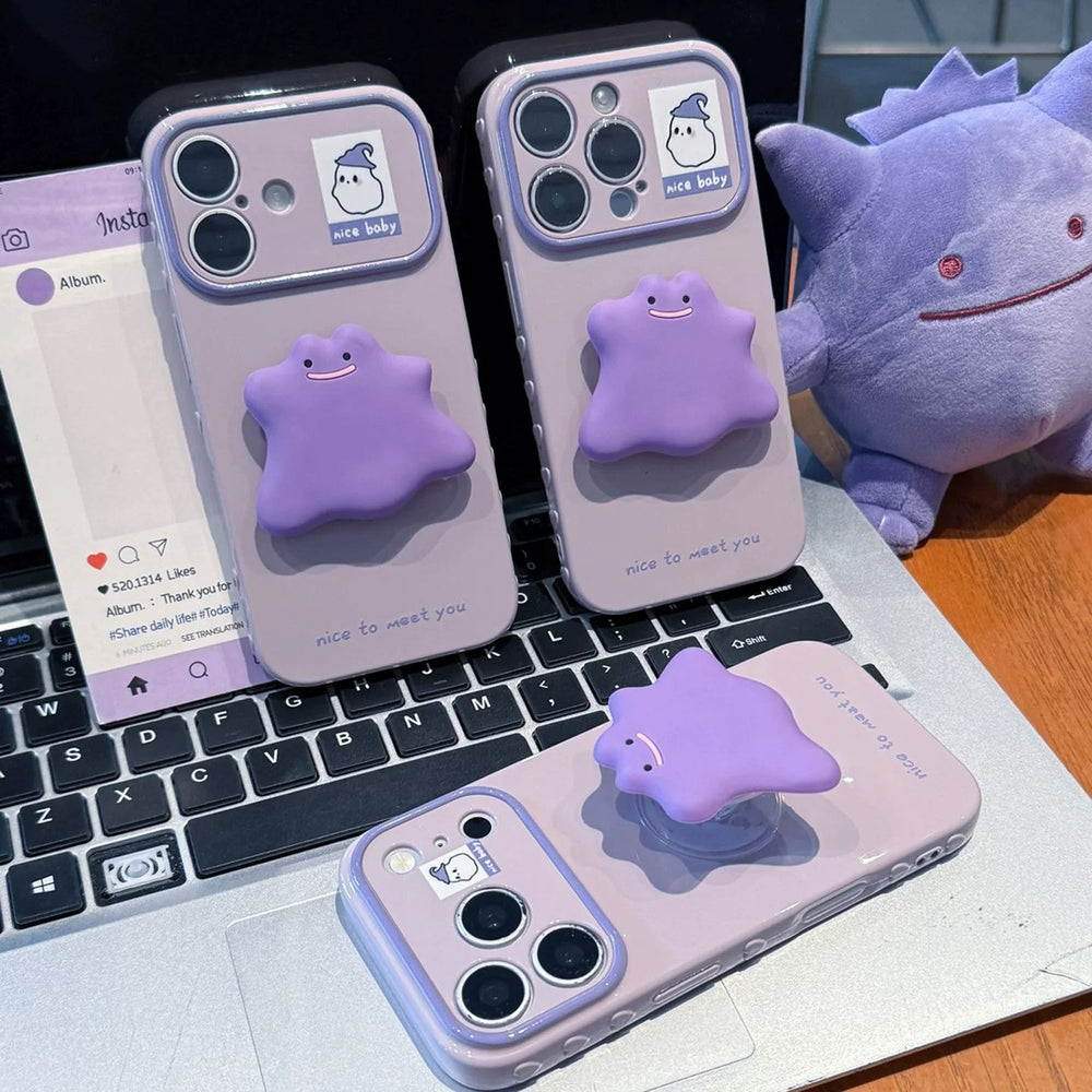 Suitable for iphone 18 purple little monster holder mobile phone case apple 17pro ghost sticker cute protective cover