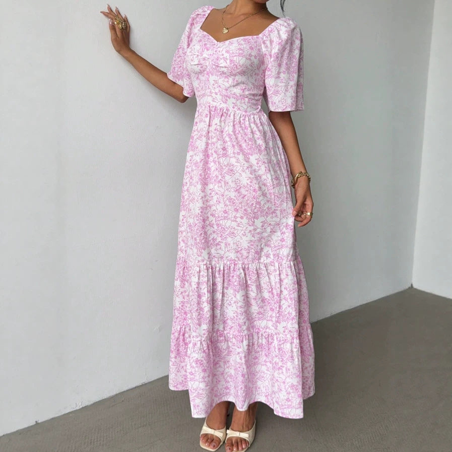 cross-border european and american french style new arrival: square neck puff sleeve dress - hot seller