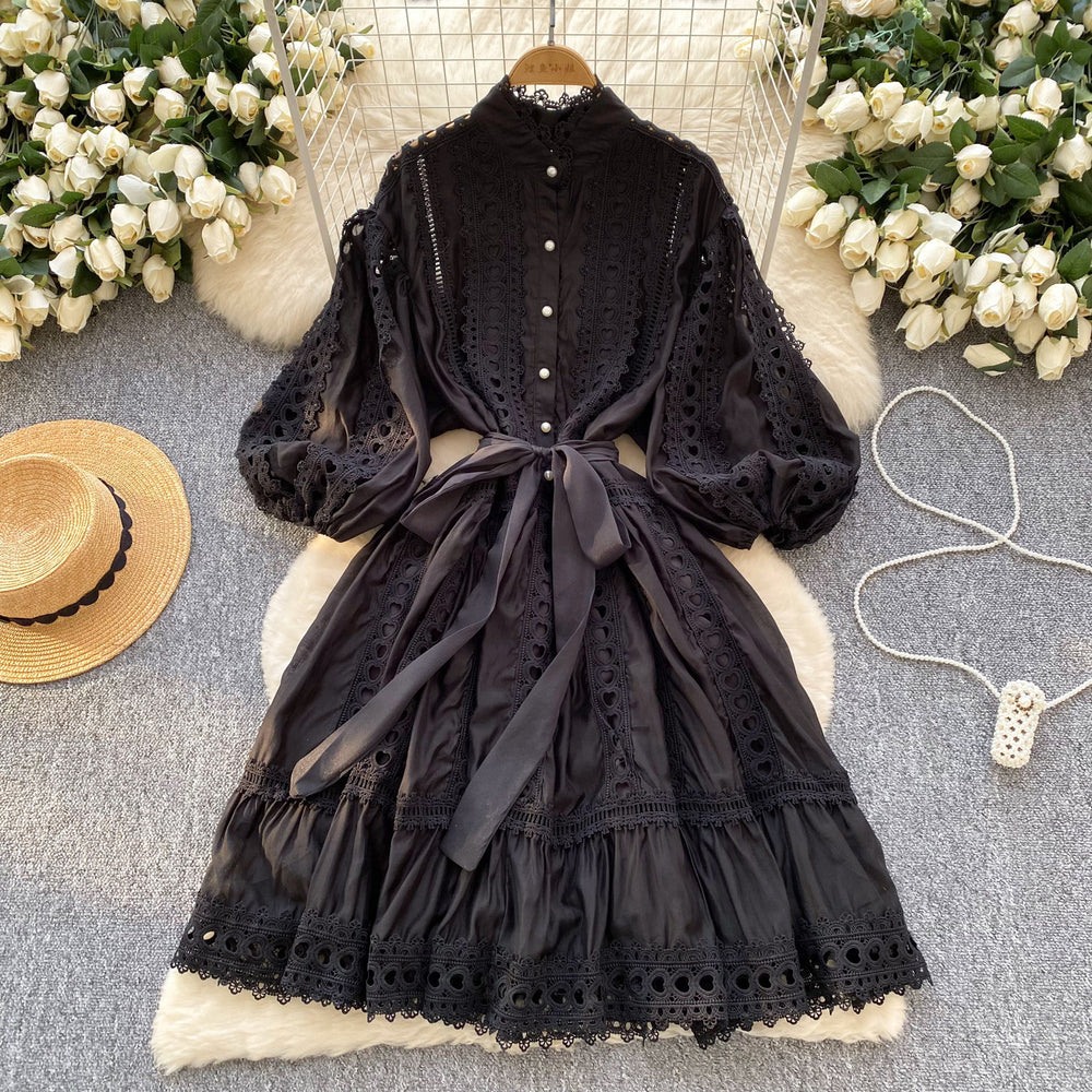 spring/summer new arrival: lantern sleeve vintage hollow-out lace patchwork single-breasted loose tie-waist mini dress for women