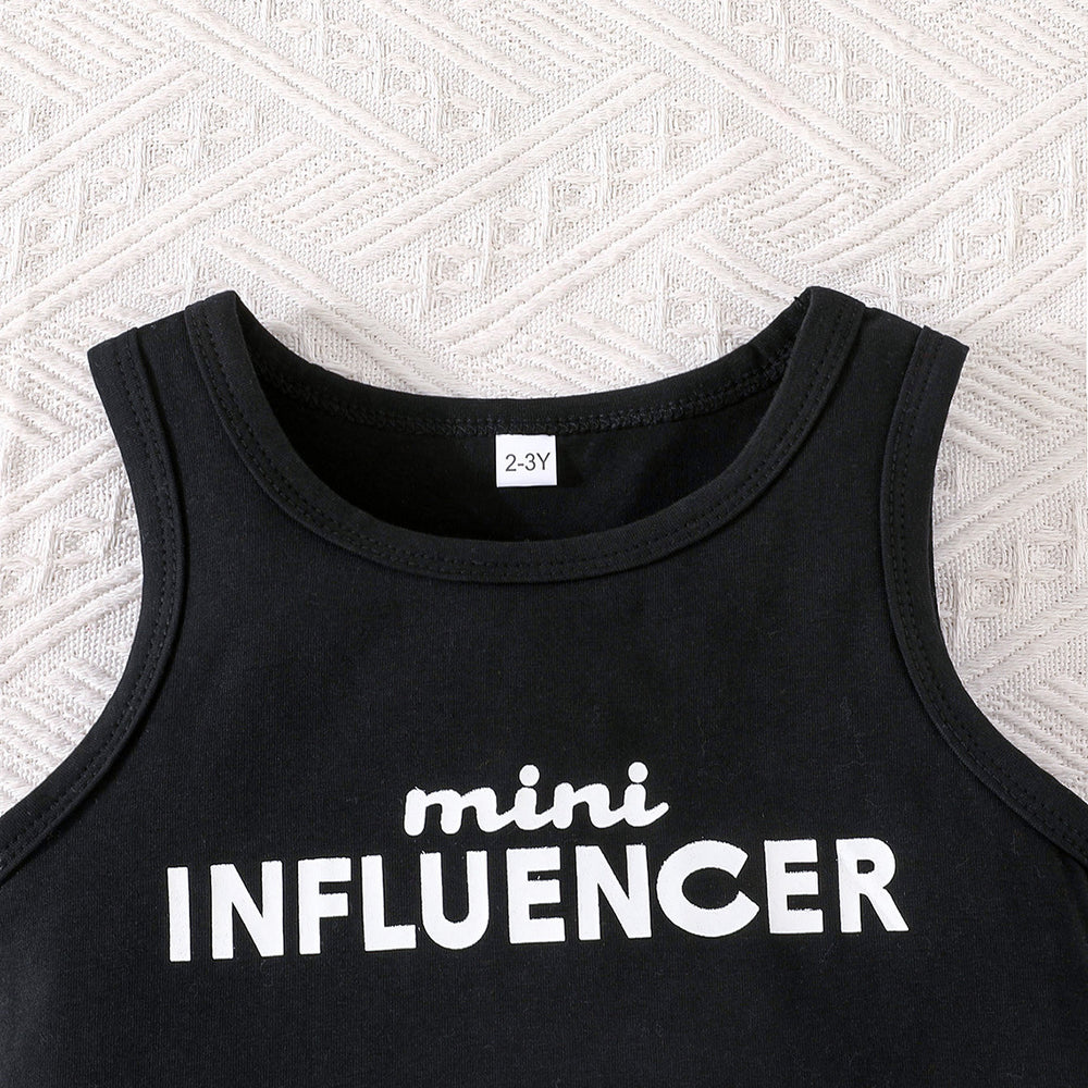 new girls' fashion two-piece set: letter print tank top + pink distressed denim overalls