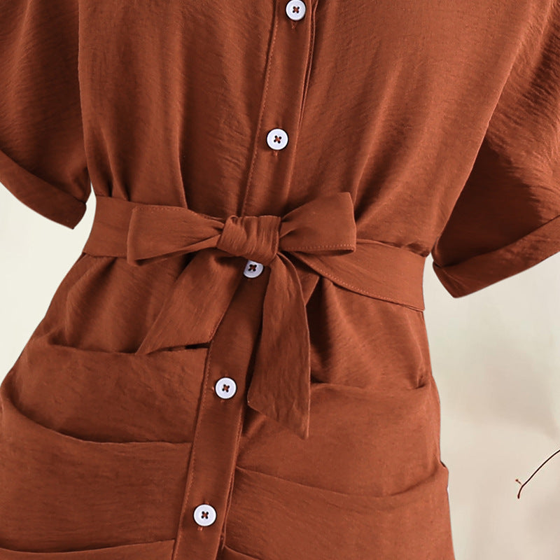 Exportgirldress spring and summer new arrival cross-border casual lapel single-breasted tie back waist short-sleeved shirt skirt