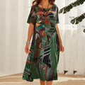 european and american cross-border fashion casual printed dress - summer short sleeve tie-waist round neck loose beach maxi dress