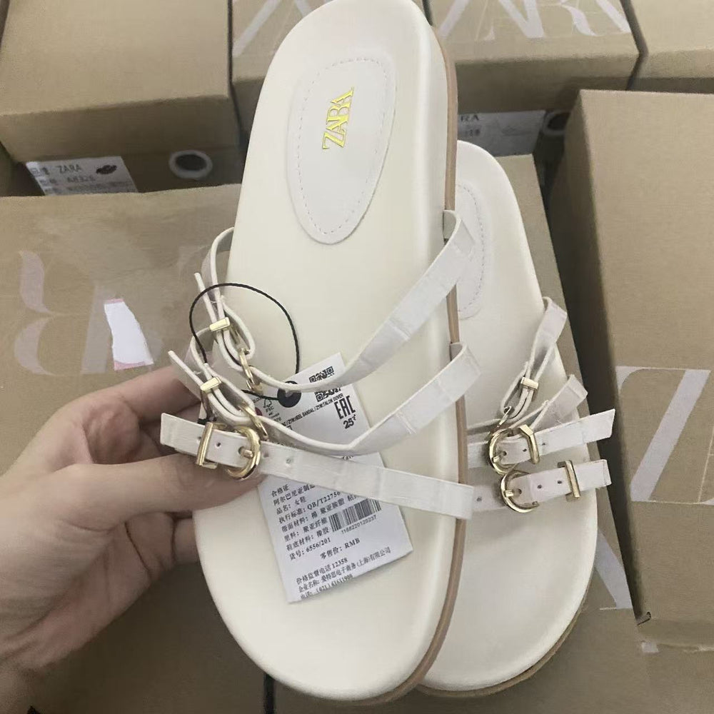 Za2025 new summer genuine leather thong sandals with buckle strap, flat open-toe casual comfortable beach slides