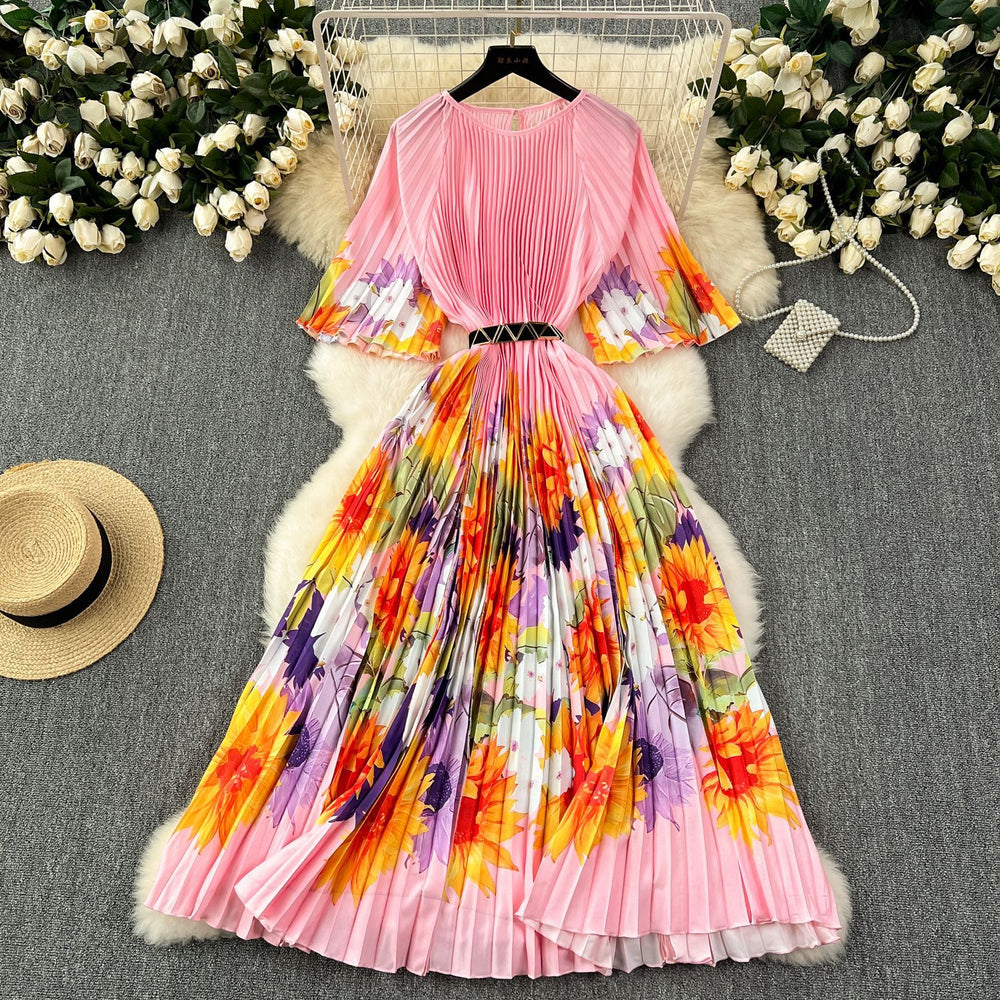 European and american retro court style design printed long dress with heavy pleating, puff sleeves, and pleated skirt - spring collection for women