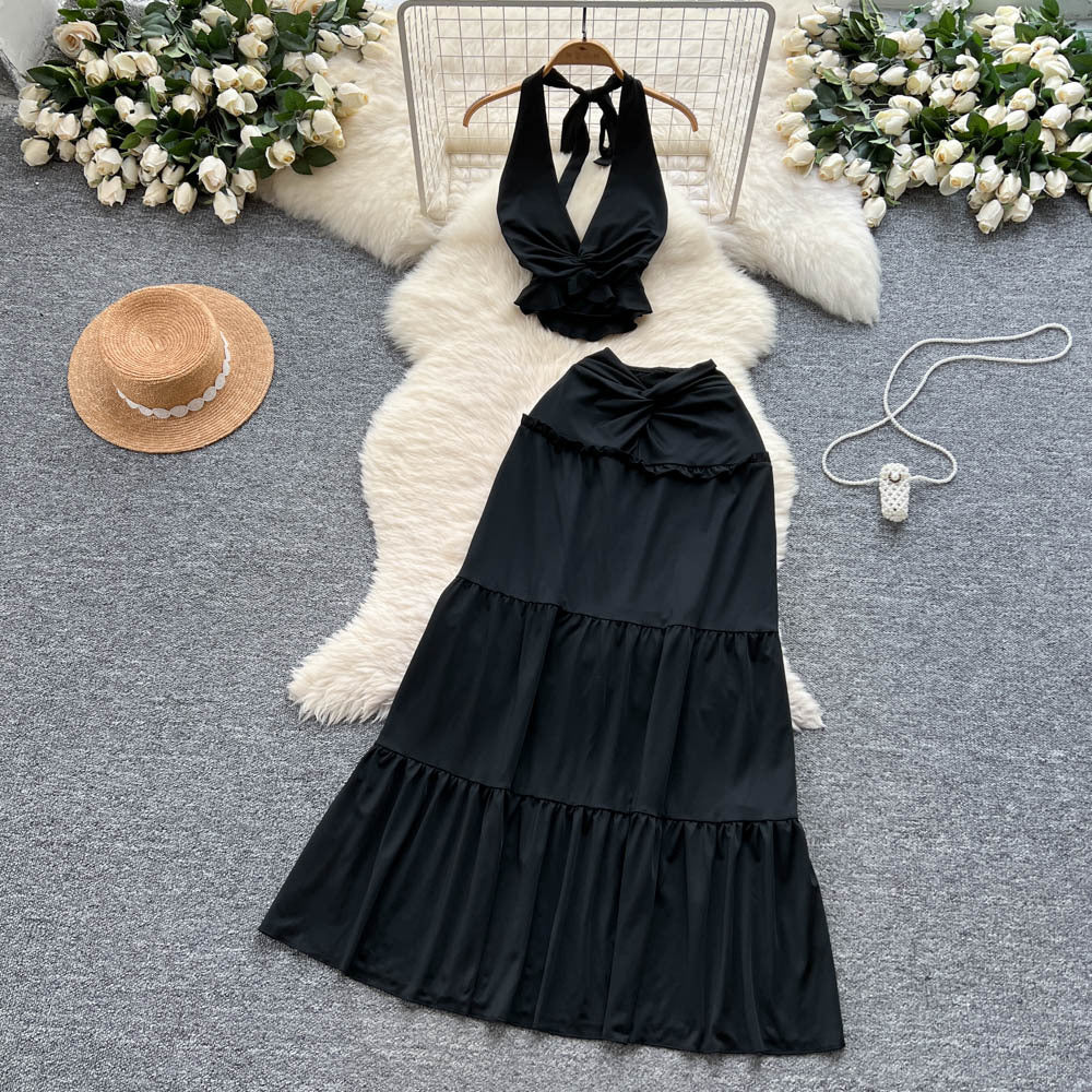 Summer outfit set: women's sexy v-neck halter twist knot waist tie back top + high-waisted flared midi skirt
