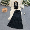 Summer outfit set: women's sexy v-neck halter twist knot waist tie back top + high-waisted flared midi skirt