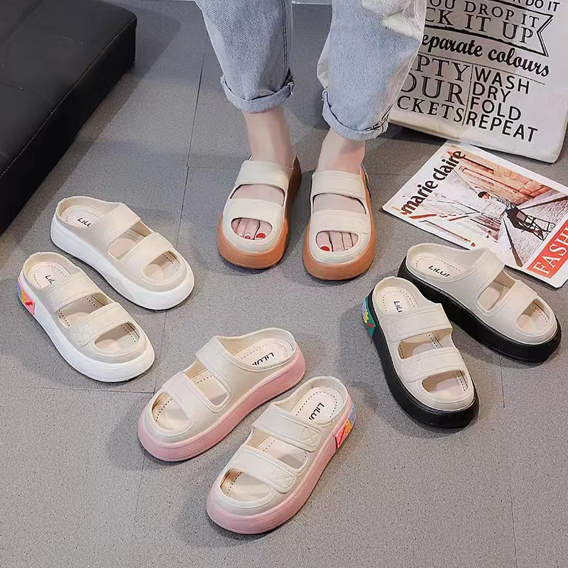 Women's slippers for outdoor wear, 2025 new fairy style sandals, trendy versatile platform slides, cloud-like comfort, thick-soled beach shoes
