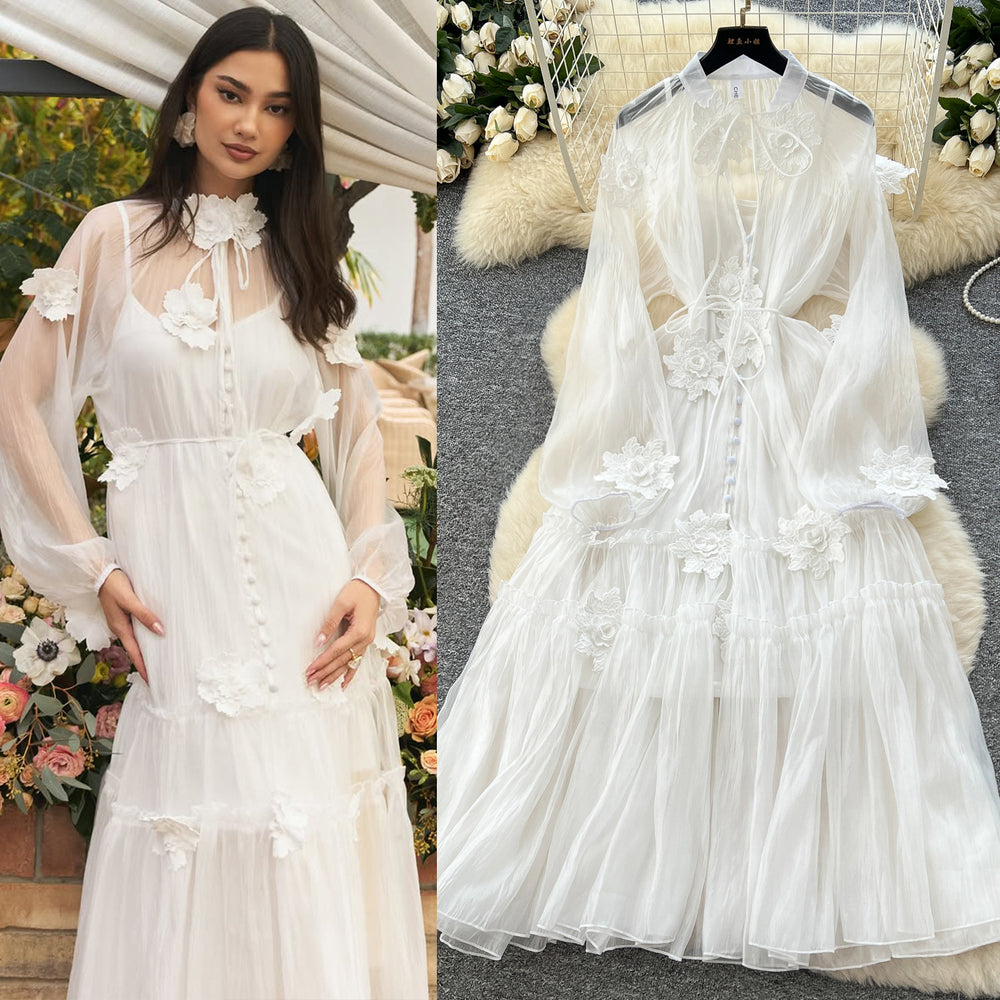 Fairy elegant dress  new french style 3d floral tie-waist lightweight mesh vacation dress
