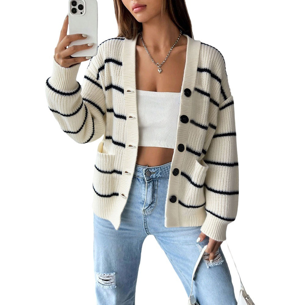 Cross-border new autumn and winter knitted cardigan striped contrasting colors lazy style loose thin big pocket versatile sweater