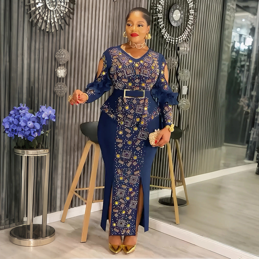african women's plus size new elegant fashion rhinestone beaded bodycon dress evening gown