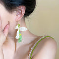 Green fresh beaded flower stud earrings long beach vacation style early spring earrings women's exaggerated stylish fashion earrings