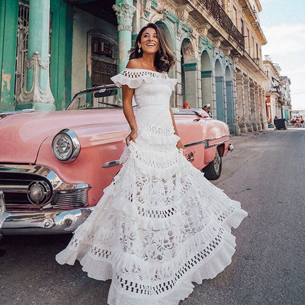 spring/summer new european and american style women's foreign trade  one-shoulder ruffle trim hollow-out lace maxi dress