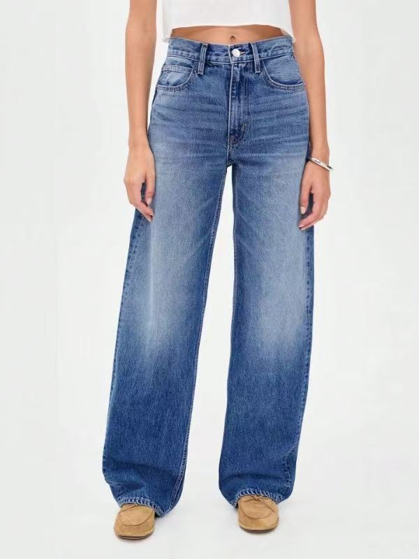 Vintage deep blue high-waisted wide-leg jeans for women - relaxed fit, drapey, slimming straight-leg trousers - casual and versatile denim pants