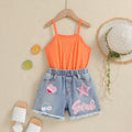European and american cross-border girls' outfit: solid color camisole with embroidered romper and denim shorts - new summer collection for children