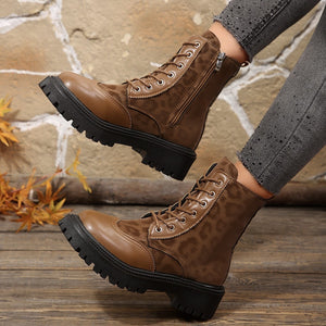 autumn leopard print british style martin boots new women's thick sole round toe plus size retro side zipper short boots