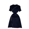 Elegant semi-high neck short sleeve dress - women's designer knit midi dress with button detail, cinched waist, and slit hem for a slimming silhouette