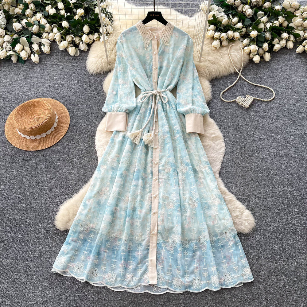 French romantic lantern sleeve printed dress - women's  autumn collection - slim fit a-line maxi dress - commute chic & elegant