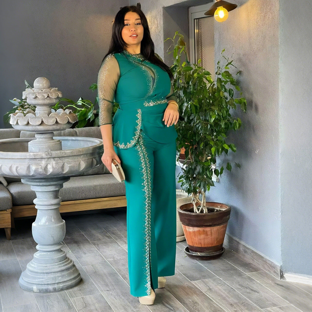 African plus size trendy new women's cross-border long sleeve top + pants two-piece set