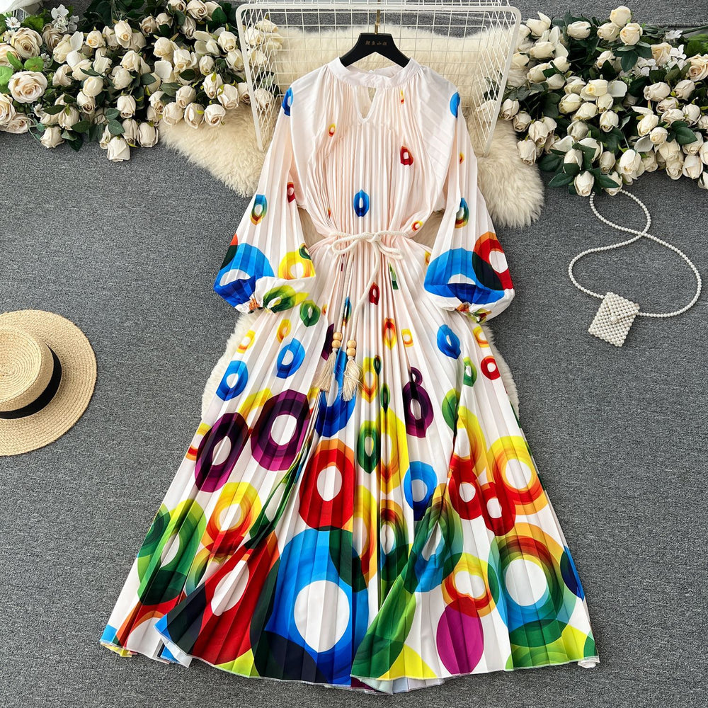 Elegant and chic printed dress for women - summer bubble sleeve tie-waist design, unique and flowy fairy dress